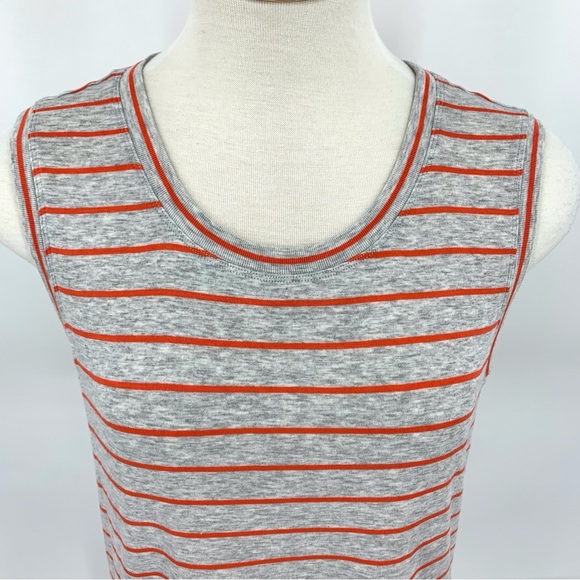 Cabi Ruffle Top # 5331, Coral Stripe on Heather Grey Ruffle Peplum Top, Small - Picture 2 of 16